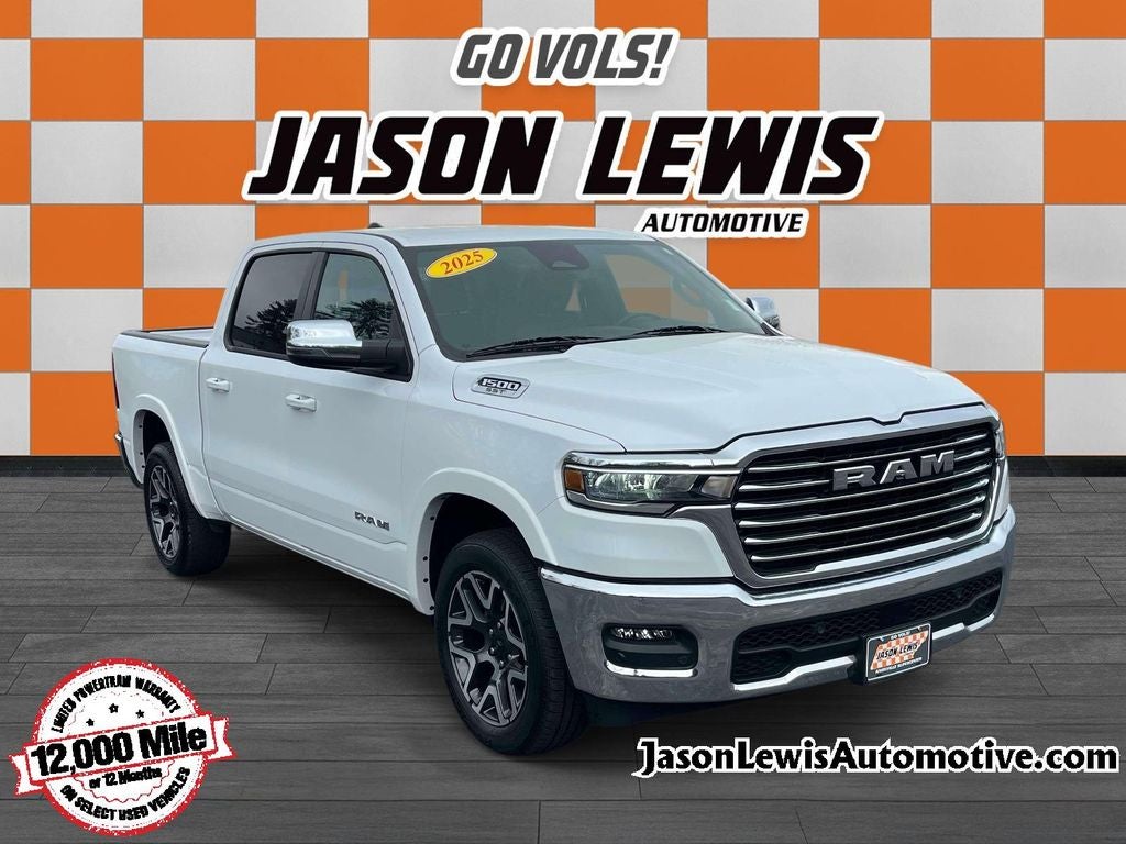 2025 RAM 1500 Laramie in Bright White Clearcoat — front three-quarter view