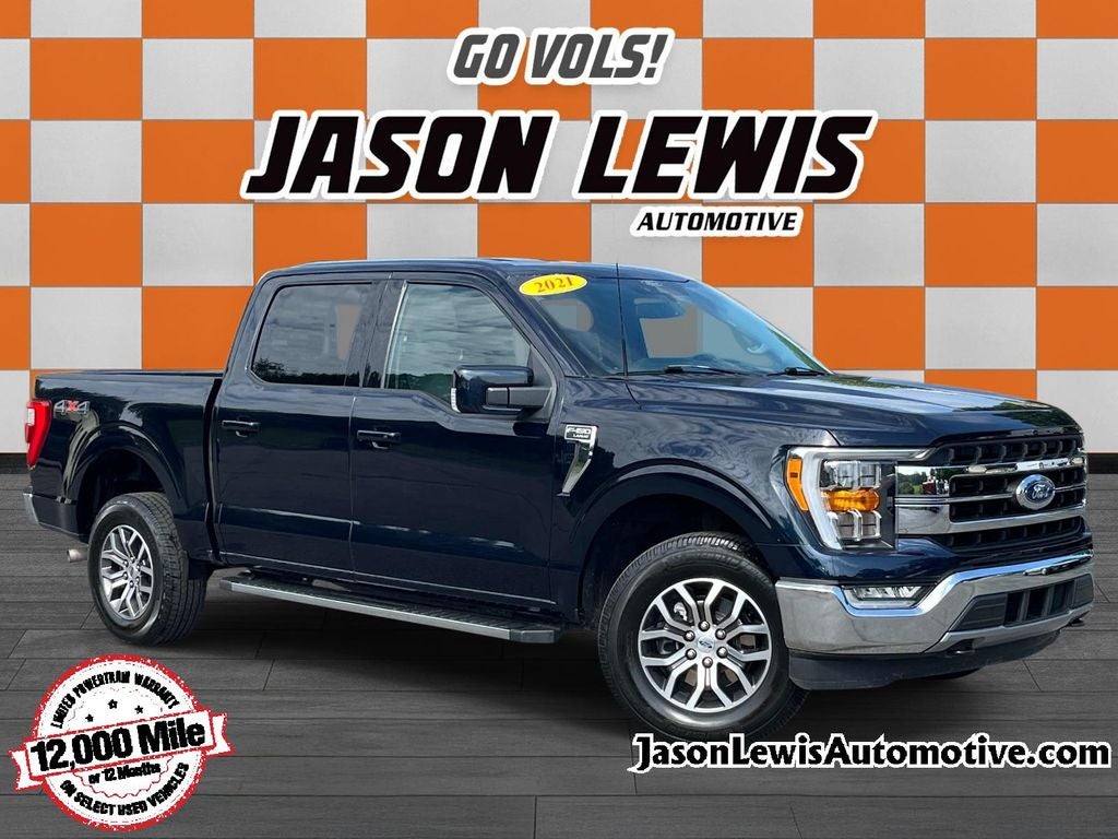 2021 Ford F-150 Lariat in Blue Metallic — front three-quarter view